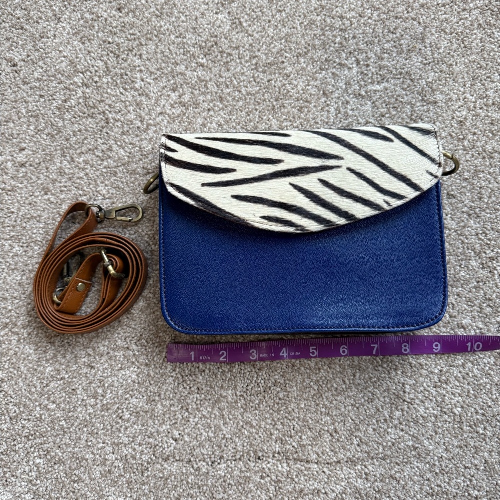 100% Leather Zebra Print and Blue Crossbody Bag